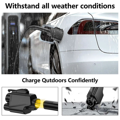 Nacs To Ccs Adapter For Electric Vehicles Providing Zero Stress Plug And Go Supercharger Access With Badass Build Quality And Reliable 500 Amp Dc Fast Charging That Keeps You Rolling Smoothly Everywhere charging in rain.