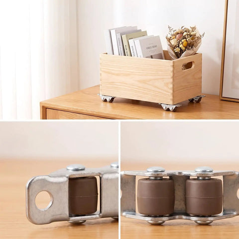 Beast Mode Mini Fixed Double Roller Caster Wheels Set Of 8 Low Profile Smooth Rolling Light Duty Hardware in use with wooden storage box.