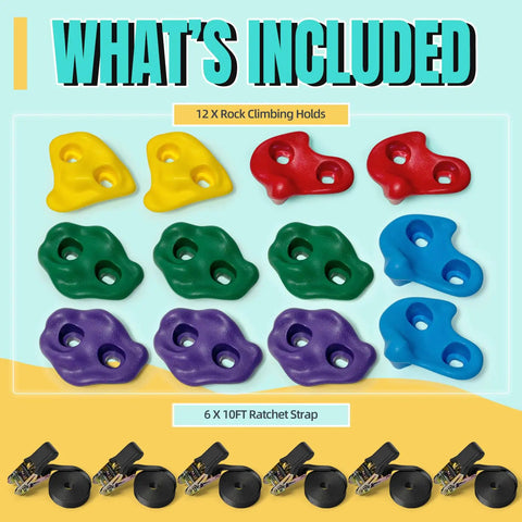 12 Piece Large Ninja Tree Climbing Holds Kit For Kids With 6 Ratchet Straps, including colorful climbing rocks in various shapes.