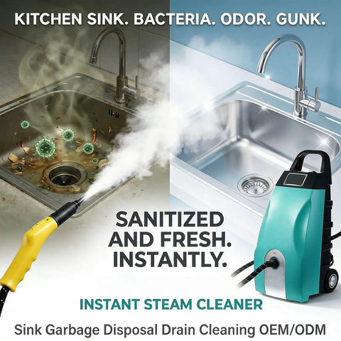 Quick Heat Up Yellow Steam Cleaner With Full Attachments For Multi-Spot Use 3000 Watt High Power Motor in use on dirty kitchen sink.