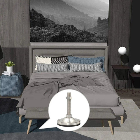 Heavy Duty Adjustable Furniture Leveling Feet Pair Thick Carbon Steel Threaded Base Stabilizer in modern bedroom setting.