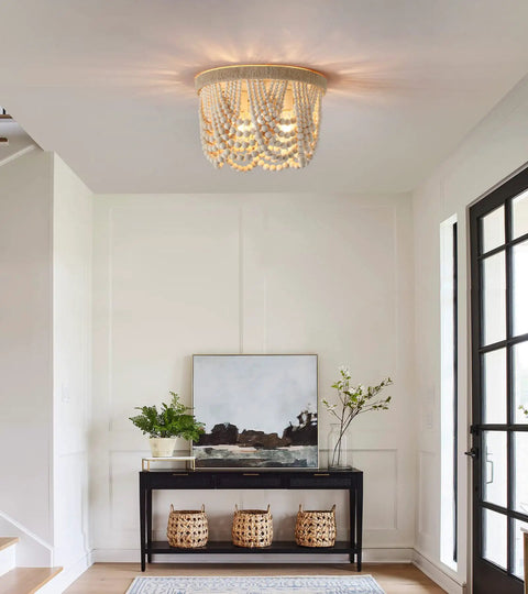 Boho Chic Wood Beaded Flush Mount Light Fixture, Rustic Farmhouse Three Light Chandelier for Bedroom, Hallway, Entry, Kitchen, Living Room, Nursery, E26 Sockets, Natural Hemp Rope Trim