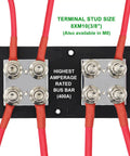 Heavy Duty 400A 12V 48V DC Copper Busbar Power Distribution Block with Eight M10 Studs and Protective Cover close-up view.
