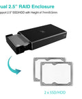 Dual Bay 2.5 Inch SATA SSD HDD RAID Enclosure, supports 2 drives with USB 3.0, designed for external storage in black.