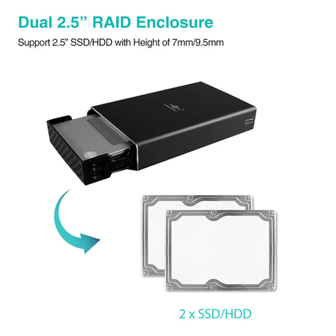Dual Bay 2.5 Inch SATA SSD HDD RAID Enclosure, supports 2 drives with USB 3.0, designed for external storage in black.