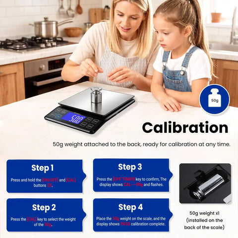 High Precision 5Kg Kitchen Scale With 0.1g Readings calibration steps with mother and child in kitchen