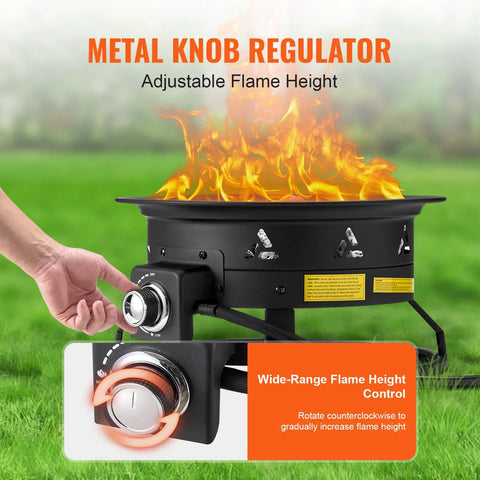 Propane Fire Pit 19 Inch Portable Outdoor Gas Fire Pit Includes Cover Lava Rocks, Adjustable Flame Height, 58,000 BTU, Smoke Free Heating, Black with adjustable flame knob.