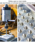 10Pc Workhorse 8-32 UNC Machine Tap Set In 6542 High Speed Steel in use for precise threading on metal plate