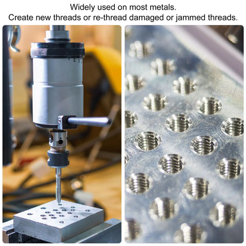 10Pc Workhorse 8-32 UNC Machine Tap Set In 6542 High Speed Steel in use for precise threading on metal plate