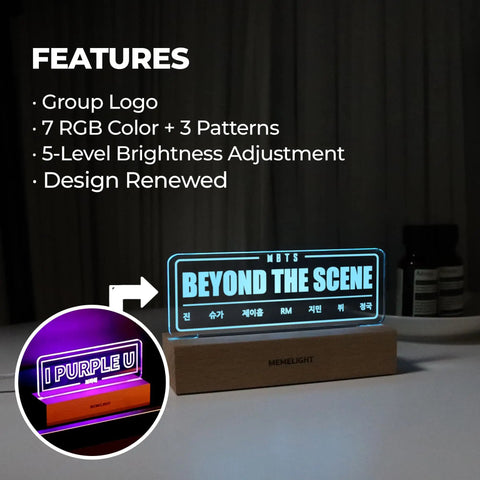 BTS Night Light For ARMY Fans, Beyond The Scene LED Lamp With 7 RGB Color Options And Dimmer on a wooden base, glowing in dark room.