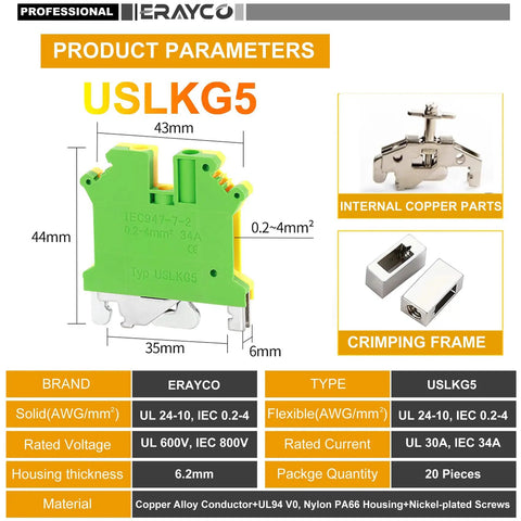Diagram and dimensions of DIN Rail Ground Terminal Block With Screw Clamp For 600V 30A Electrical Wiring, Nylon PA66 Housing.