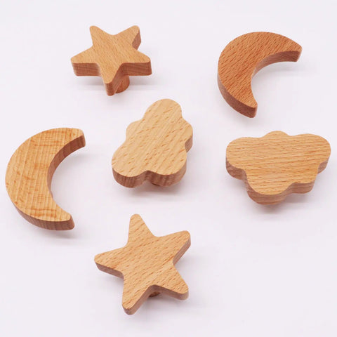 Totally Sweet Wooden Cabinet Knobs Moon Star And Cloud Shapes 6 Piece Set Heavy Duty Drawer Pulls For Nursery Dressers No Sweat Mounting And Fresh Designs Fit Your Home Style Just Right Today - wooden star, moon, cloud knobs.