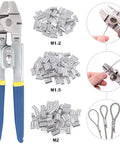 2.2mm Wire Rope Crimping Tool Kit With 150Pcs 3 Size Aluminum Double Barrel Ferrule Sleeves, Heavy Duty Stainless Steel For Durable Loop Sleeve Crimps, showing tool and ferrule sizes M1.2, M1.5, M2.