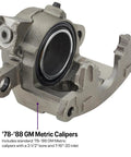 Close-up of '78-'88 GM metric caliper used in Deluxe Disc Brake Kit For 1955-1964 Chevy Full Size Cars Bolt On Upgrade.