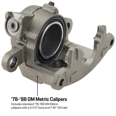 Close-up of '78-'88 GM metric caliper used in Deluxe Disc Brake Kit For 1955-1964 Chevy Full Size Cars Bolt On Upgrade.