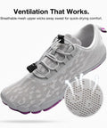 Wide Toe Barefoot Water Shoes For Women Slip On Quick Dry Lightweight Footwear For Walking Hiking Swimming And Water Aerobics With Rapid Dry Knit Upper And Sock Like Fit In Light Gray Purple Size Eight Point Five US showing ventilation feature