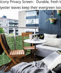 Balcony with Realistic Ivy Privacy Fence Screen 120x40 Inch for Outdoor Decor, green vines backdrop, small table set, cozy seating