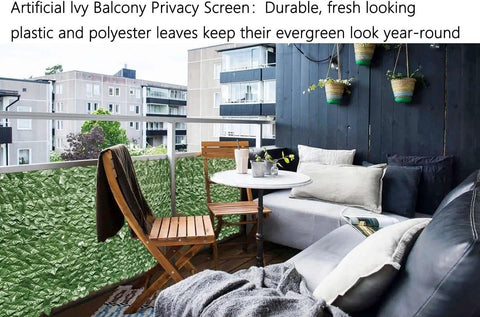 Balcony with Realistic Ivy Privacy Fence Screen 120x40 Inch for Outdoor Decor, green vines backdrop, small table set, cozy seating