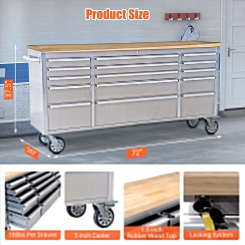 Heavy-Duty 72 Inch Mobile Tool Chest With Solid Wood Top Workbench, stainless steel 15-drawer cabinet in garage