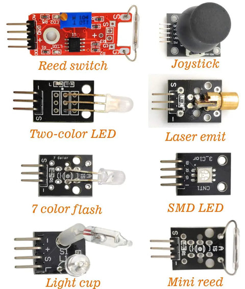 Various sensor modules including joystick, LEDs, and switches from 38 In 1 Sensor Module Kit For Arduino And Raspberry Pi Projects With 0.96 Inch OLED Screen All In One Starter Pack Of Popular Sensors And Components For Arduino Uno Mega STM32 Pi Compatibility.