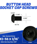 Heavy Duty Button Head Socket Cap Screws 2 56 By 3 16 Inch 100 Pcs Solid Alloy Steel showing dimensions and hex drive details.