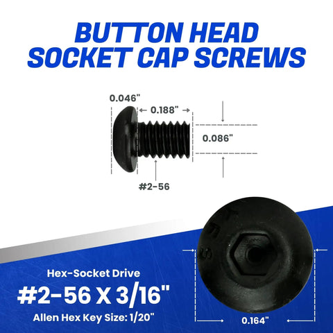 Heavy Duty Button Head Socket Cap Screws 2 56 By 3 16 Inch 100 Pcs Solid Alloy Steel showing dimensions and hex drive details.