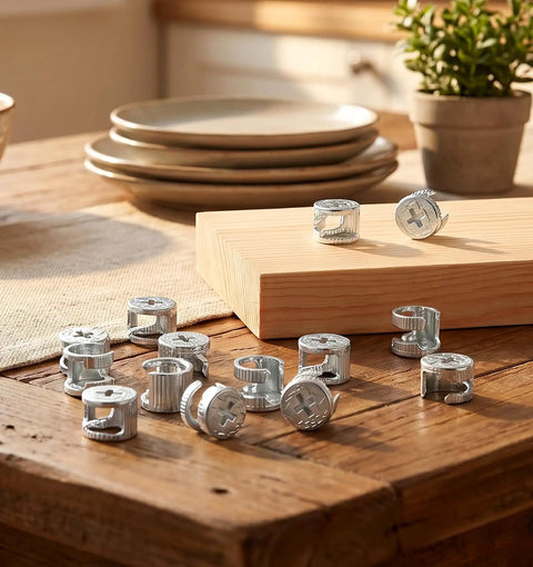 Hardcore Zinc Alloy Cam Lock Fasteners 24 Pack For Cabinets Drawers And Wardrobe Panels Rust Proof Cam Bolt Nut Set on wooden table.