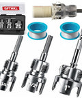 Heavy Duty 4 In 1 Water Pipe Threader Tool For PVC And Copper Pipes showing 1/2, 3/4, and 1 inch threading tools in kit.