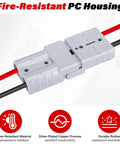 Two Pack 50 Amp Quick Connect Battery Cables For Anderson Style Ports Supports 6 To 12 AWG Wire showing fire-resistant PC housing.