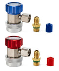 R134a Quick Coupler Adapters Two Pack With High Low Pressure Connectors, 1/4 Inch Port Fit, Snap Lock Knurled Grip For Easy Install And Quick Refrigerant Servicing. Blue and red