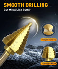COMOWARE step drill bit set for metal, titanium-coated HSS, gold, 118° split-point, 10 sizes 1/4 in - 1-3/8 in