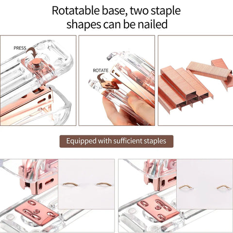 Rose Gold Dope All In One Desk Accessory Set showing acrylic stapler with rotatable base and 1000 pieces 26 by 6 staples