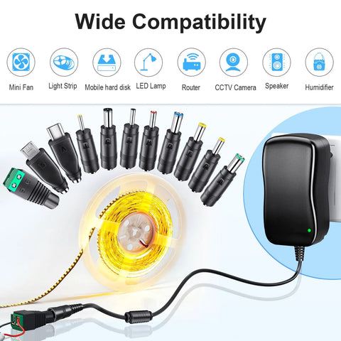 Universal 48W AC DC Power Adapter With 11 Interchangeable Tips Multi Voltage 5V 6V 7.5V 9V 12V 15V 19V 20V 100 To 240V Input USB C Output 5.5 Mm By 2.1 Mm Barrel Included showcasing tips with wide device compatibility.