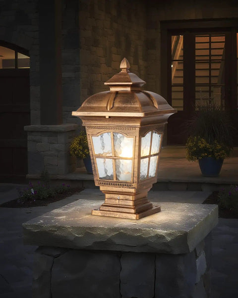 Antique Bronze Outdoor Post Light 2 Pack IP54 Weatherproof Post Lamps For Patio, garden light on stone pillar glowing