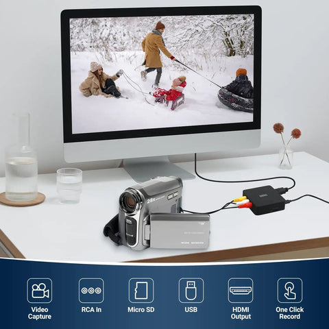 Video Capture Card No PC Needed Plug And Play Easy VHS To Digital Converter with camcorder connected showing video transfer