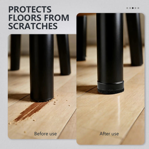 Comparison of chair legs on hardwood floor, with and without Fourteen Pack Furniture Leveling Feet Set With One Quarter Inch Thread.
