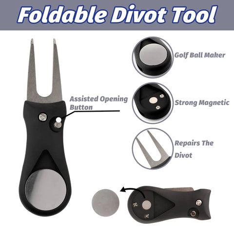 Foldable divot tool with golf ball marker from Three In One Golf Gear Kit With Microfiber Waffle Towel Clip, Golf Club Brush Groove Cleaner And Divot Tool With Marker For Men And Women Ideal Gift For Golfers Of All Levels And Ages.