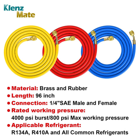 Refrigerant charging hoses set, 3 hoses by Klenz Mate, 96in, 1/4 in SAE male/female, yellow/red/blue