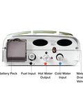 Top Shelf Portable Tankless Hot Water Heater Delivers Fast Five Liter Per Minute Hot Flow No Sweat For Tailgating Camping RV Conversions And Outdoor Cleaning Tasks control panel with battery pack and input valves.