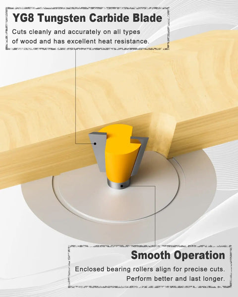 Close-up of tungsten carbide blade from Pro Grade 35 Piece Router Bit Set With 1 Quarter Inch Shank showing smooth wood cutting.