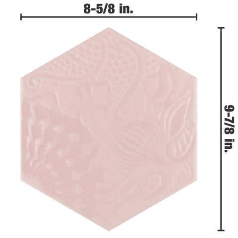 Hex Rose Porcelain Tile For Floors And Walls, Gaudi Lux Style, 8.6 By 9.9 Inches, soft pink textured hex pattern, close-up view.