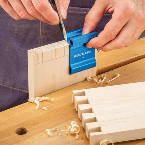 Person using Dovetail Saddle Square 1 To 6 9.5 Degree Angle Marking Tool For Softwoods on wood with comfort grip for clean joints