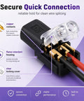 Top Tier Double Wire Plug In Connector With Locking Buckle For Strip Lights, clear cover and copper contacts, black flame-retardant housing