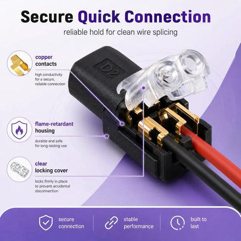 Top Tier Double Wire Plug In Connector With Locking Buckle For Strip Lights, clear cover and copper contacts, black flame-retardant housing