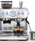 Freshly Ground Coffee Built-In Grinder, Fifteen Bar Badass Pump, Hella Easy Milk Frothing Steam Wand, Huge Removable Water Tank, Straight Up Coffee Shop Goodness For Creamy Lattes And Rich Cappuccinos espresso machine with integrated grinder and dual shot brewing.