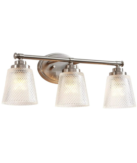 Three Light Bathroom Vanity Light Fixtures Over Mirror In Brushed Nickel Finish With Rustproof Design Modern Crystal Glass Shades Wall Sconces Elegant Oval Backplate For Bright Sleek Dope Bathroom Makeover