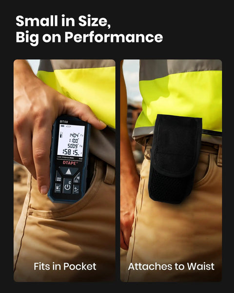 Person holding High Accuracy Digital Laser Distance Meter With 165 Feet Range For Pro Grade Quick Layouts, showing pocket fitment