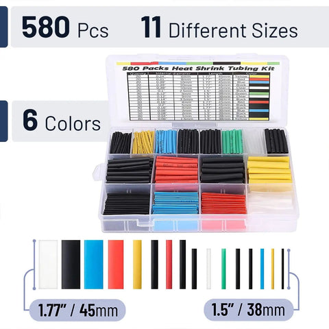 Heat Shrink Tubing Kit With 11 Sizes And 2 To 1 Shrink Ratio 580 Pcs In 6 Colors With Storage Case for wire insulation