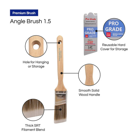 Angle Brush 1.5 inch with wooden handle and synthetic filament, Six Pack Angle Paint Brushes for Trim and Walls with Premium Synthetic Filament.