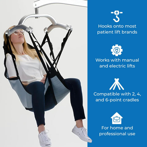 Patient Aid Padded U Slings With Head Support For Hoyer Lifts Soft Polyester Fabric, user in sling, compatible with most lifts.